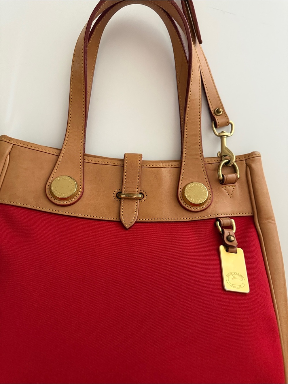 Dooney & Bourke Vintage Cabriolet Red Canvas and Tan Leather Shoulder Bag - Picture 3 of 16